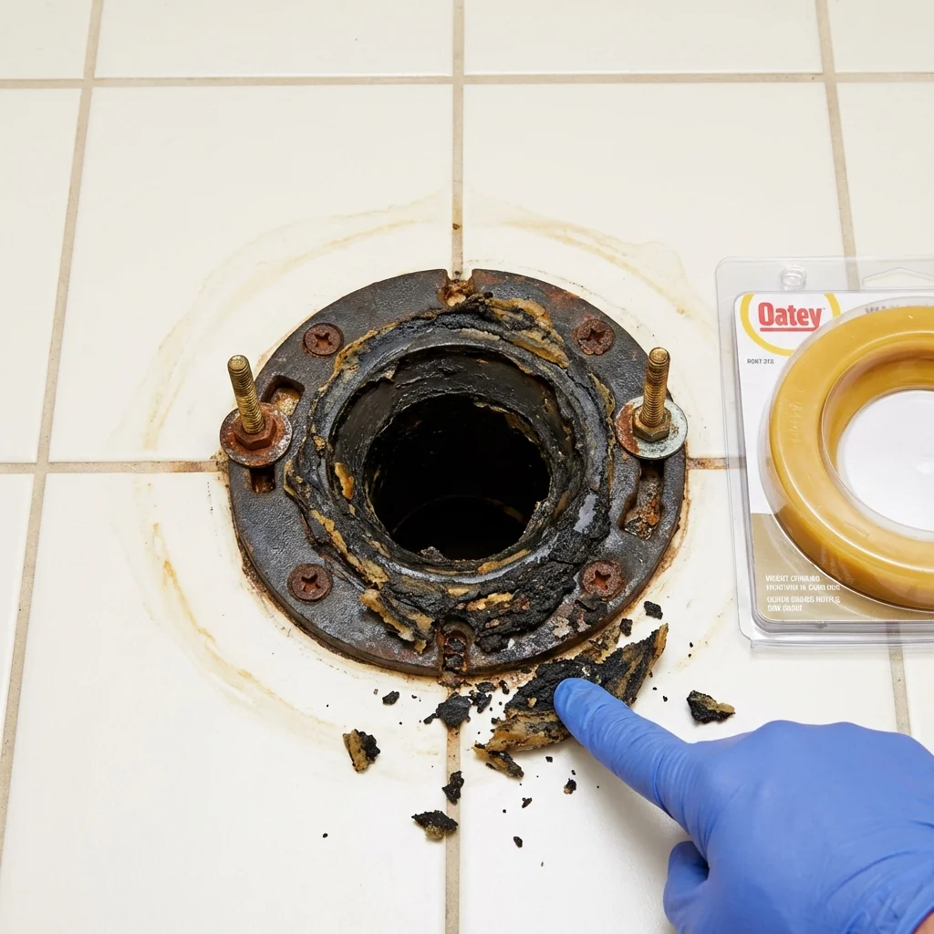 Failed wax ring showing water seepage at the base of a toilet in a Carthage, NY home