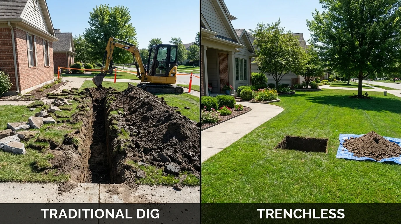 Trenchless sewer repair with minimal yard damage versus traditional excavation in Carthage, NY