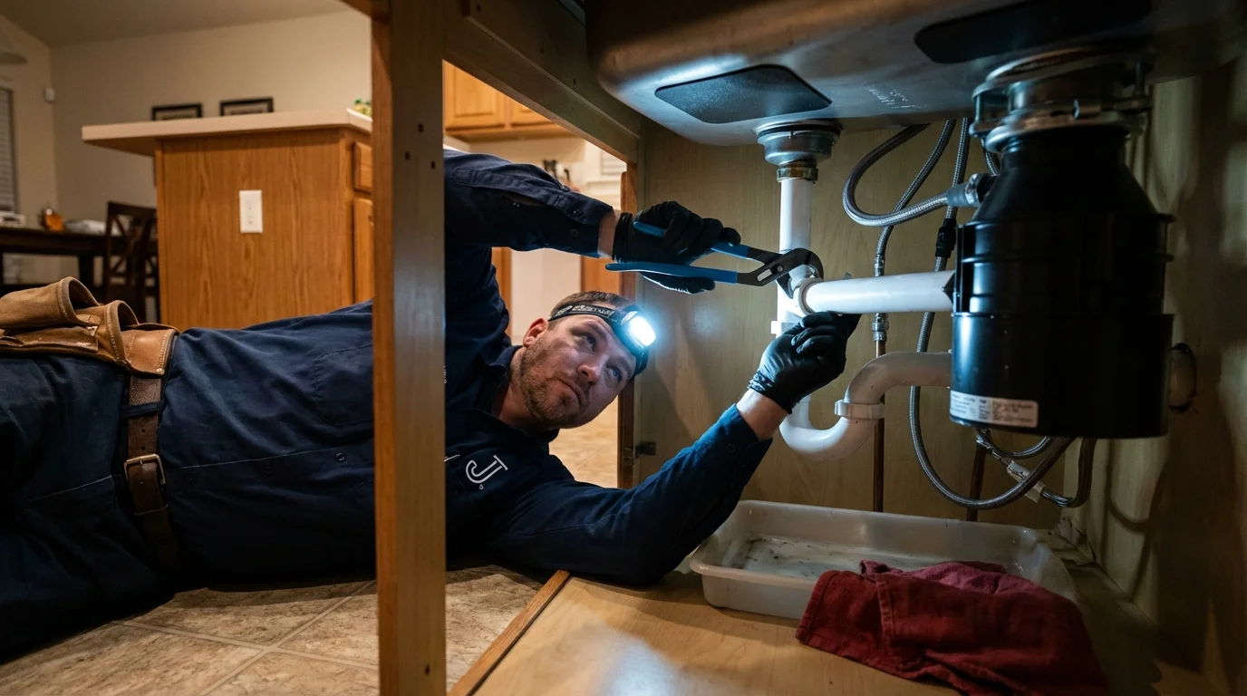 P-trap and supply line connections under a kitchen sink showing a common leak point in Carthage, NY